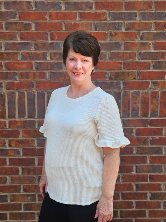 Ribbed Short Sleeve Ruffle Top in Cream