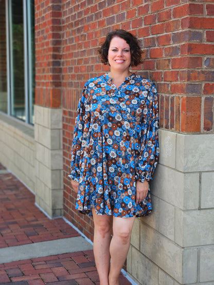 Metallic Threading Split V-Neck Boho Floral Dress in Teal and Rust