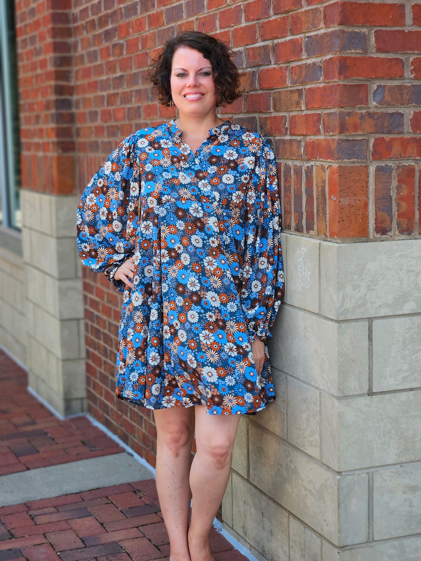 Metallic Threading Split V-Neck Boho Floral Dress in Teal and Rust