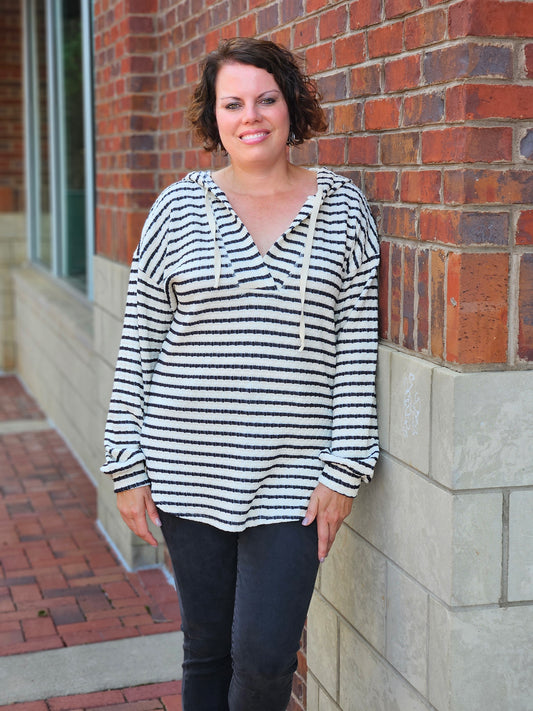 Long Puff Sleeve Striped Hoodie in Cream and Black