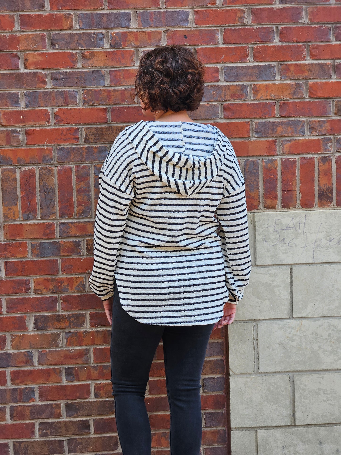 Long Puff Sleeve Striped Hoodie in Cream and Black