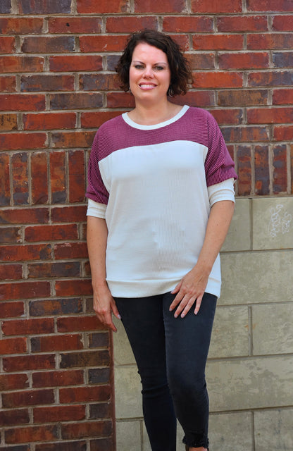 Ribbed Colorblock Dolman Sleeve Top in Burgundy and White