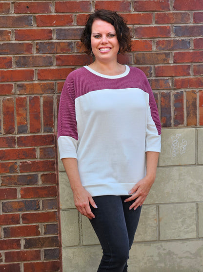 Ribbed Colorblock Dolman Sleeve Top in Burgundy and White