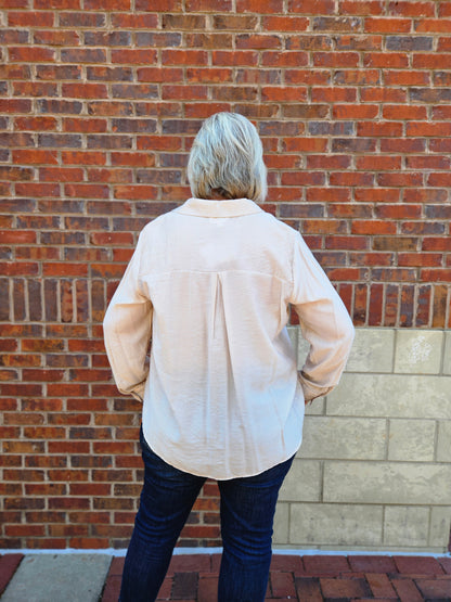 Collared Split Neck Roll Up Sleeve Top in Beige