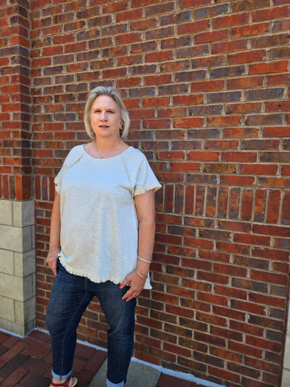 Linen Short Sleeve Round Neck Top in Oatmeal