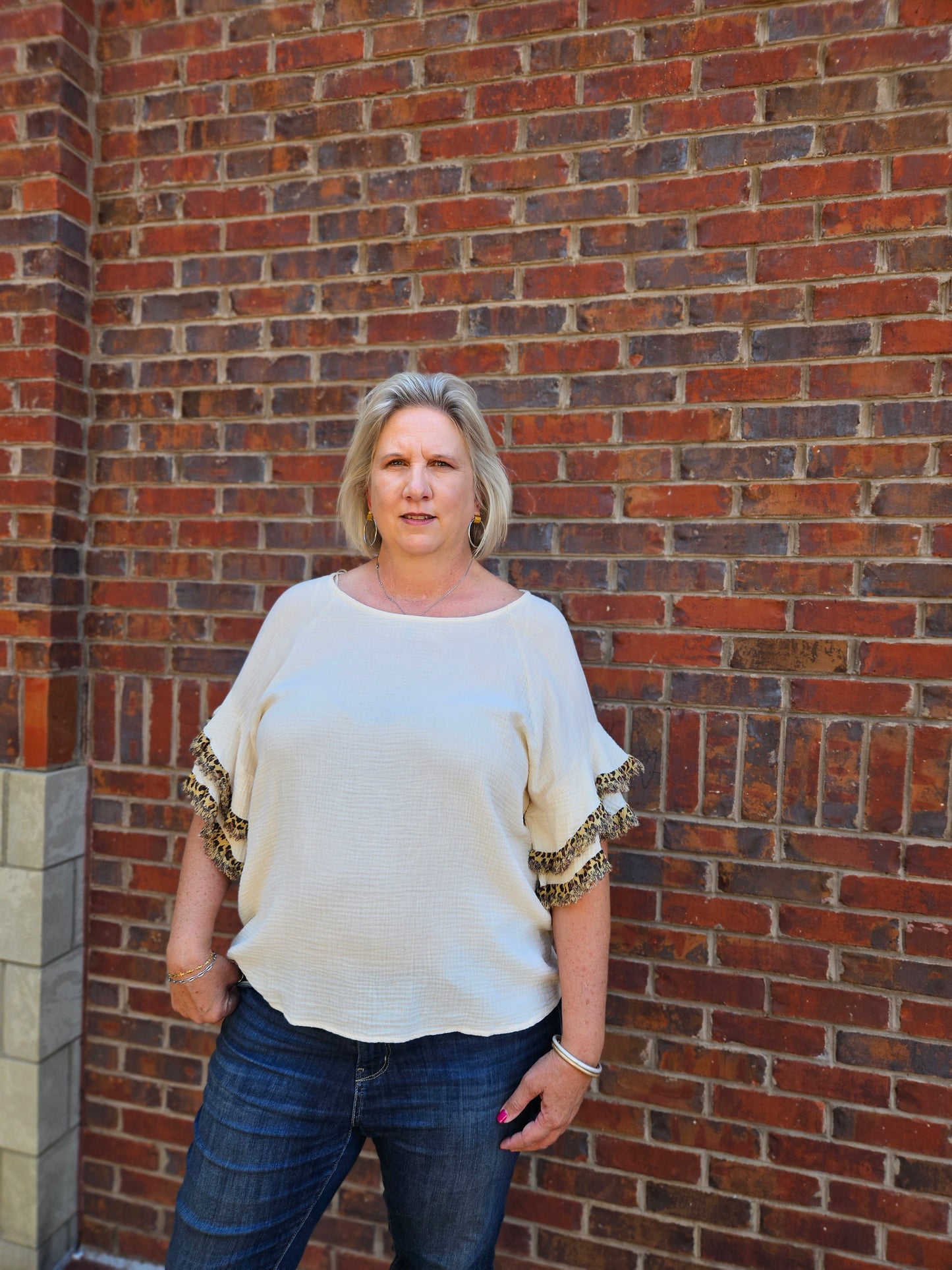 Gauze Layered Animal Print Ruffle Top in Cream