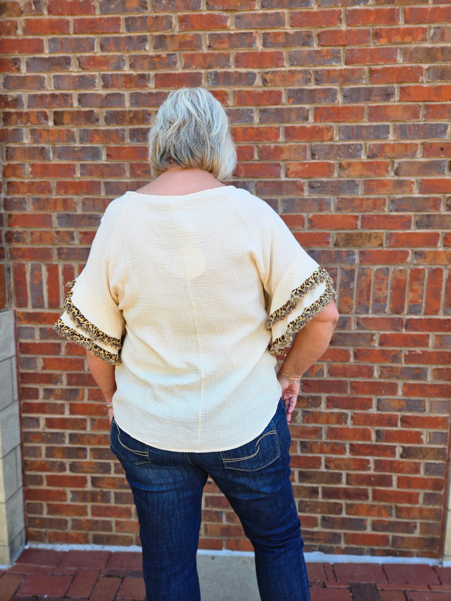 Gauze Layered Animal Print Ruffle Top in Cream