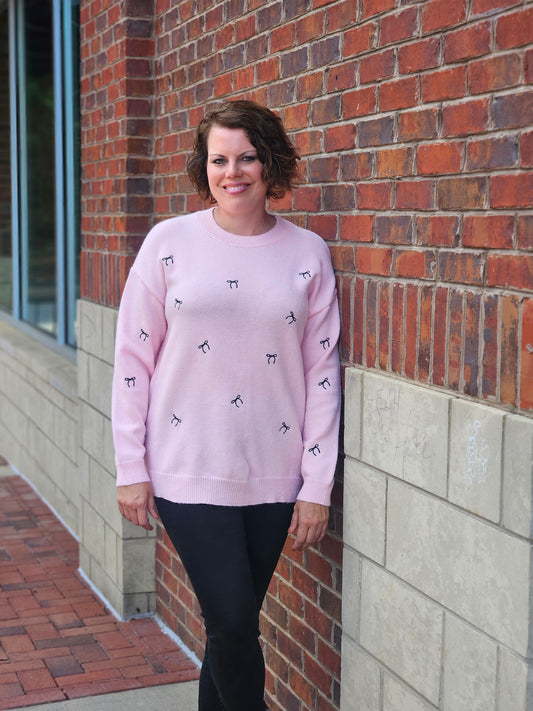 Tiny Bow Embroidered Sweater Top in Pink