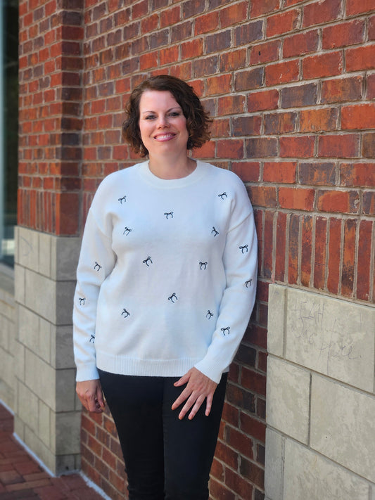 Tiny Bow Embroidered Sweater Top in Off White