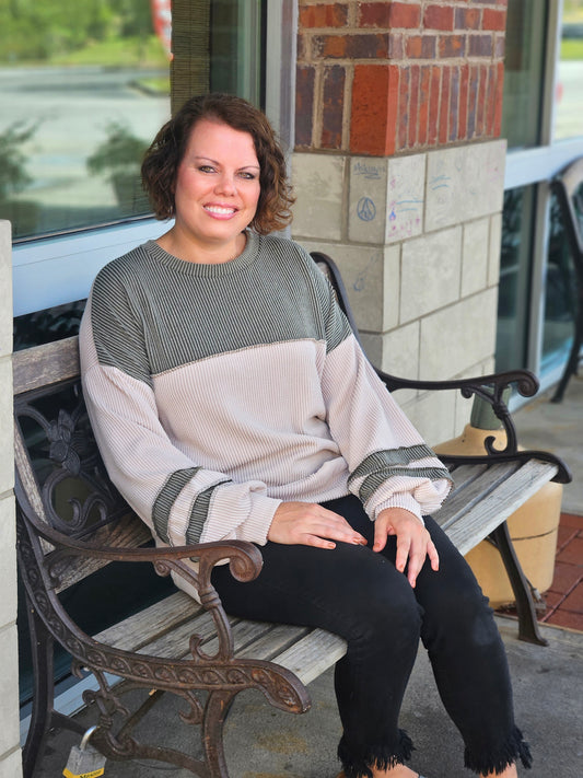 Ribbed Color Block Top in Olive