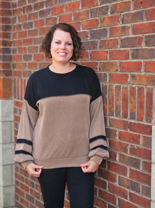 Ribbed Color Block Top in Mocha