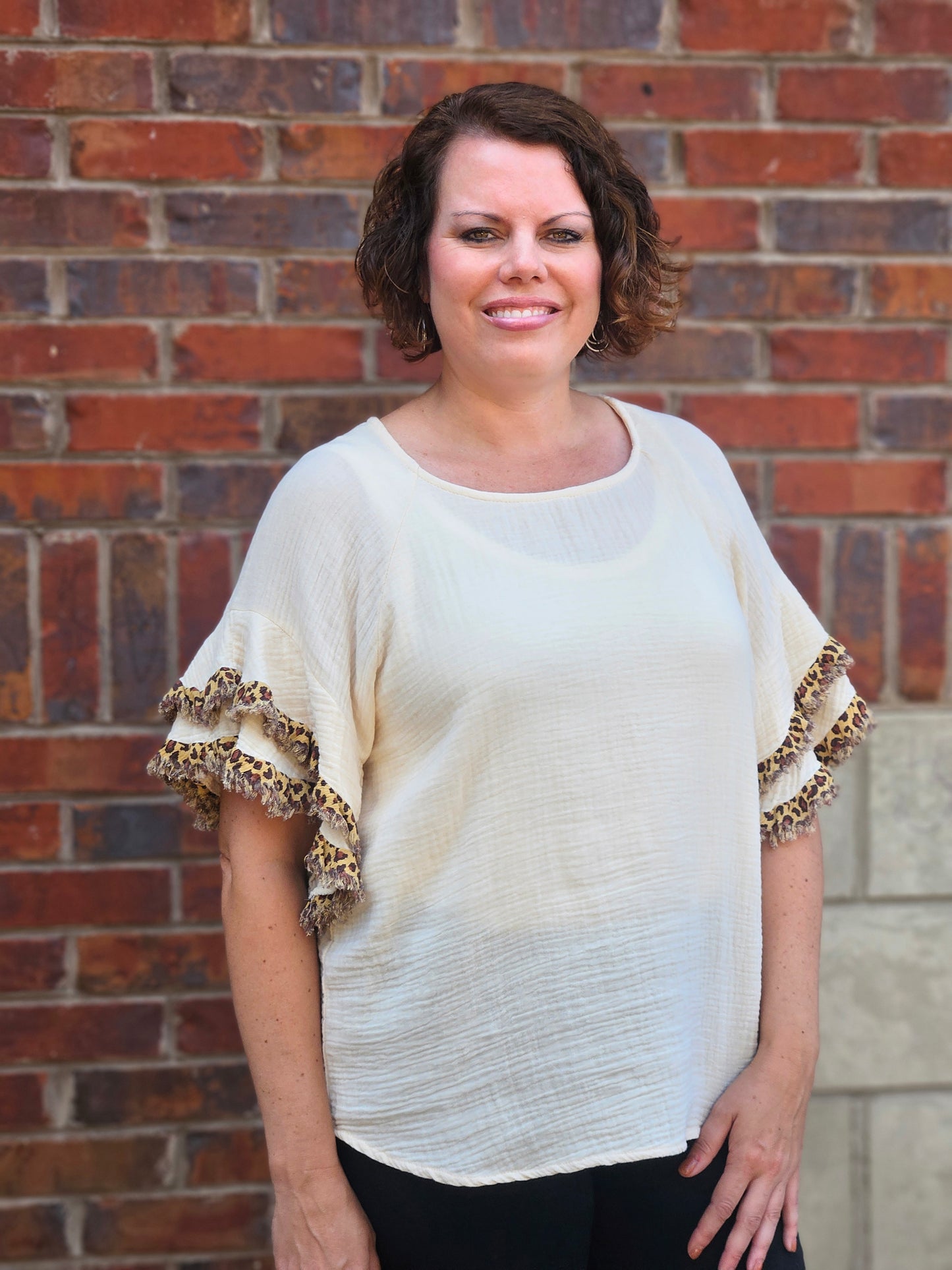 Gauze Layered Animal Print Ruffle Top in Cream