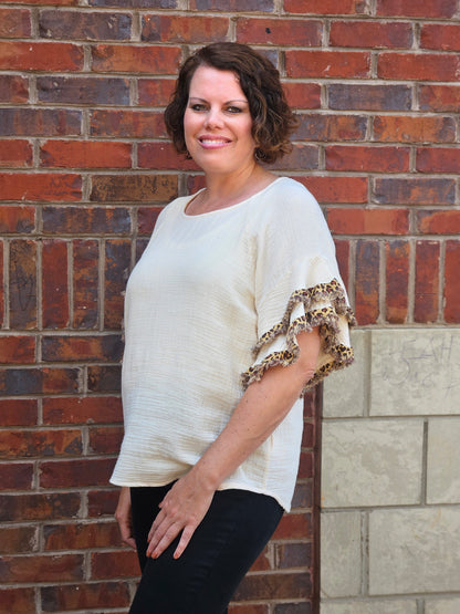 Gauze Layered Animal Print Ruffle Top in Cream