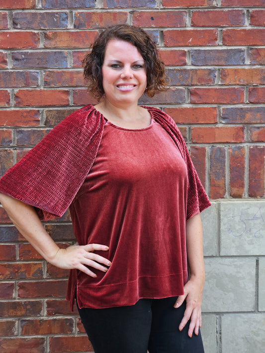 Textured Wide Sleeved Velvet Top in Rosewood