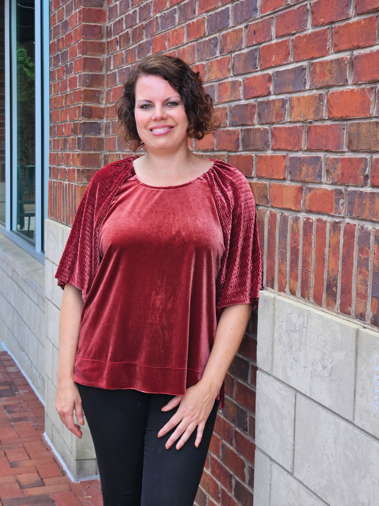 Textured Wide Sleeved Velvet Top in Rosewood