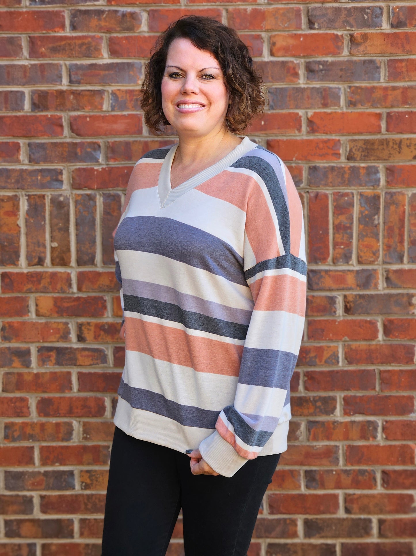 Striped Long Sleeve Top in Rust and Taupe