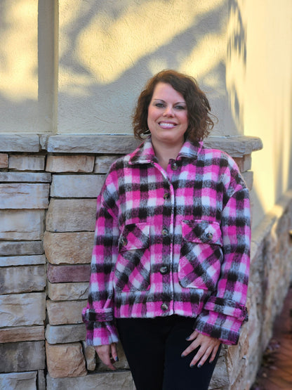 Long Sleeved Brushed Button Down Plaid Jacket in Pink/Brown