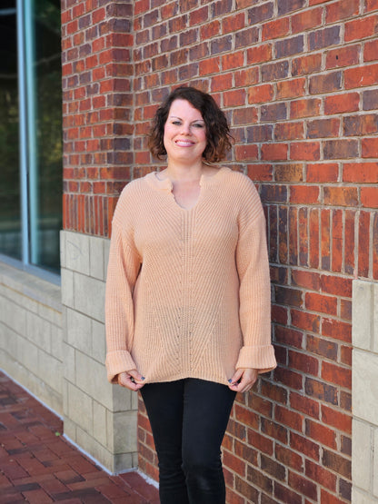 Long Sleeve V-Neck Sweater in Peach