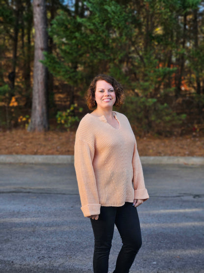 Long Sleeve V-Neck Sweater in Peach