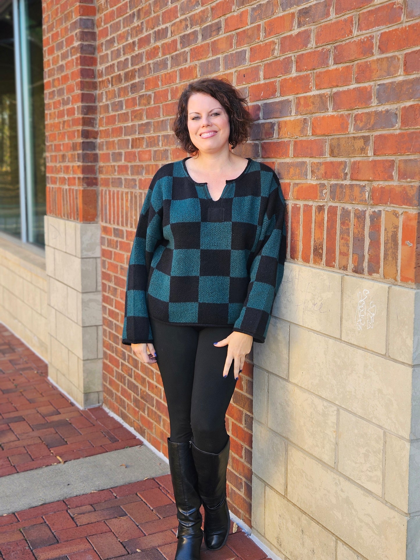 Checkered Split Neck Long Sleeve Knit Sweater in Hunter Green