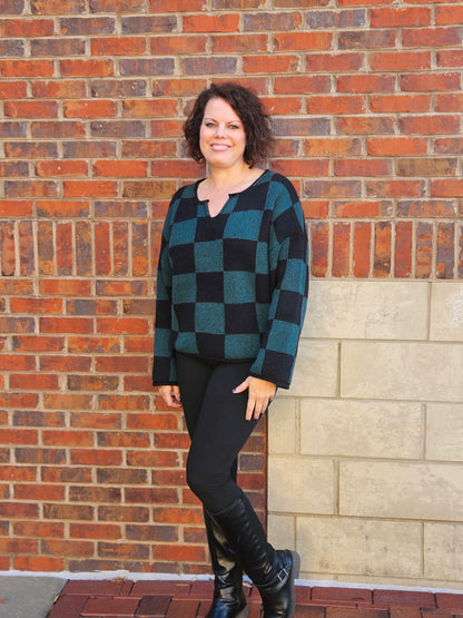 Checkered Split Neck Long Sleeve Knit Sweater in Hunter Green