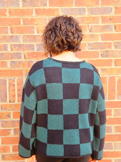 Checkered Split Neck Long Sleeve Knit Sweater in Hunter Green