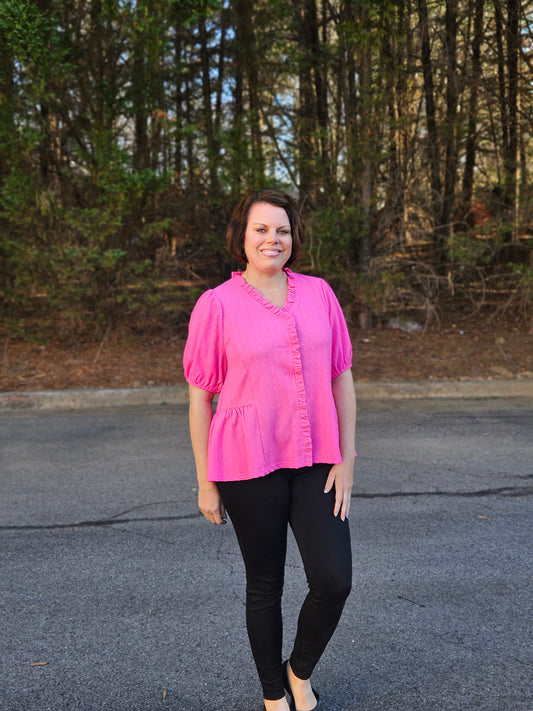 Textured Puff Sleeve Top in Hot Pink