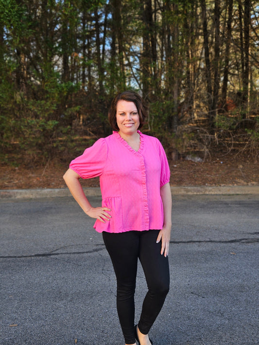 Textured Puff Sleeve Top in Hot Pink