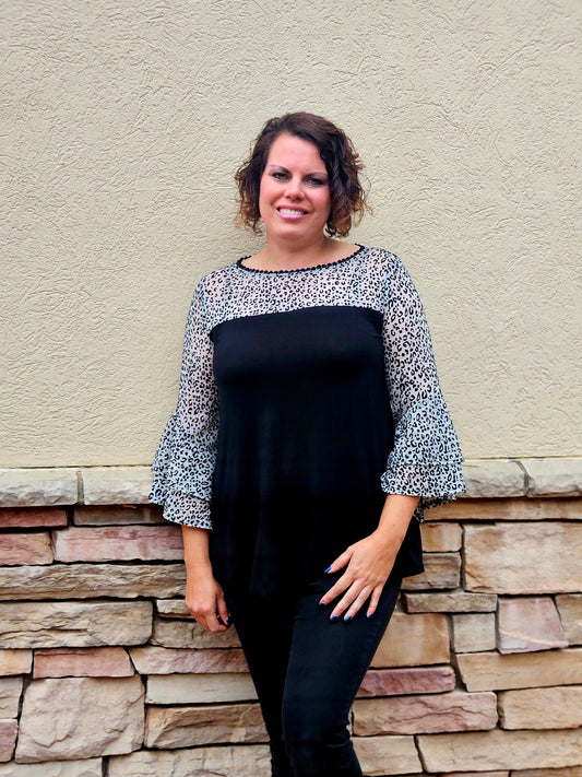 Animal Mesh Contrast Two Tier Bell Sleeved Top in Black/Ivory