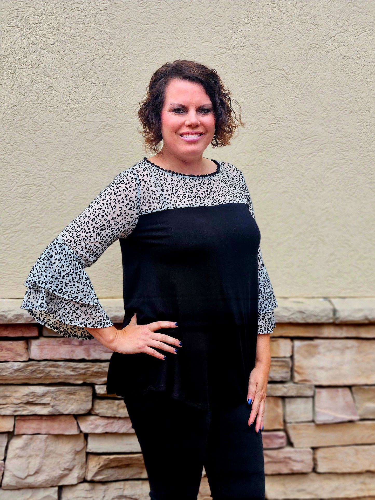 Animal Mesh Contrast Two Tier Bell Sleeved Top in Black/Ivory