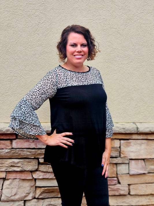 Animal Mesh Contrast Two Tier Bell Sleeved Top in Black/Ivory