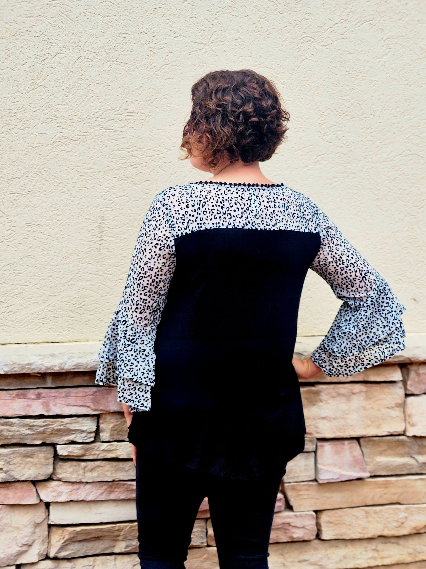 Animal Mesh Contrast Two Tier Bell Sleeved Top in Black/Ivory