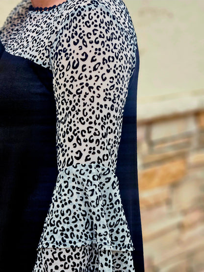 Animal Mesh Contrast Two Tier Bell Sleeved Top in Black/Ivory