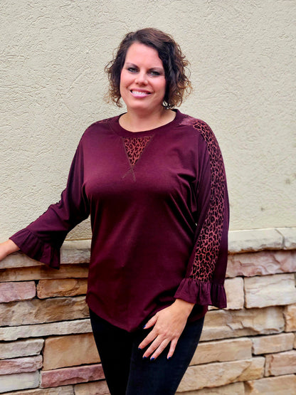 Animal Velvet Mesh Contrast Detail Top in Burgundy