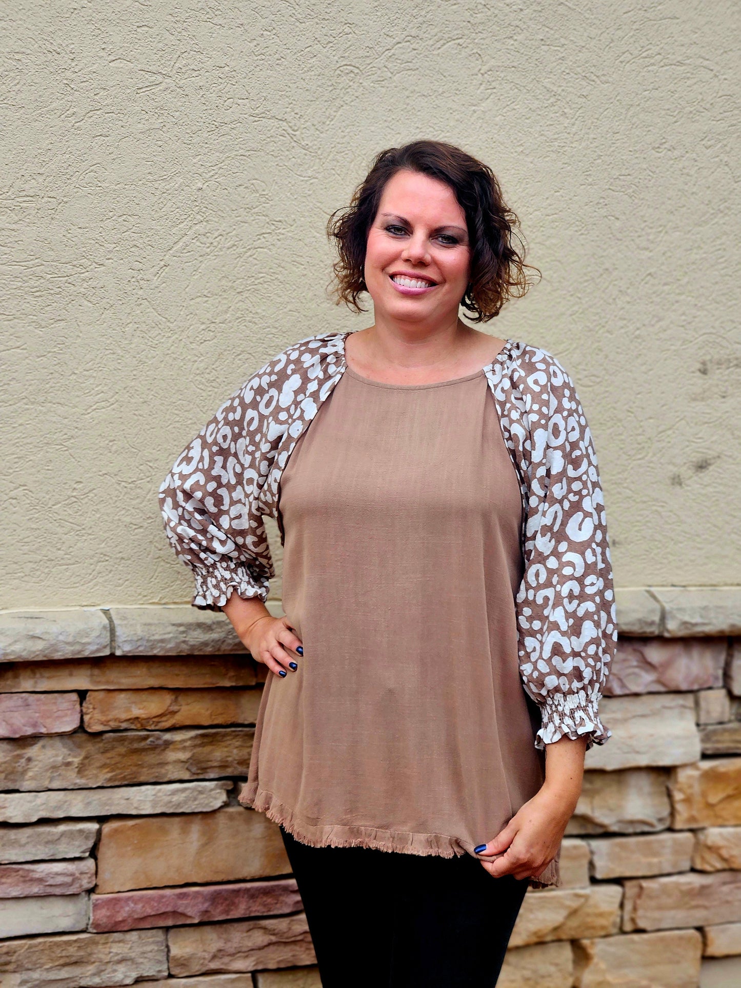 Animal Print with Frayed Hem Top in Latte