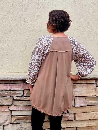 Animal Print with Frayed Hem Top in Latte