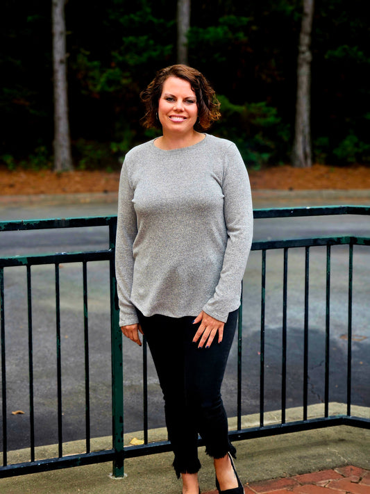 Long Sleeved Knit Top with a Lace Patch Back Detail in Taupe