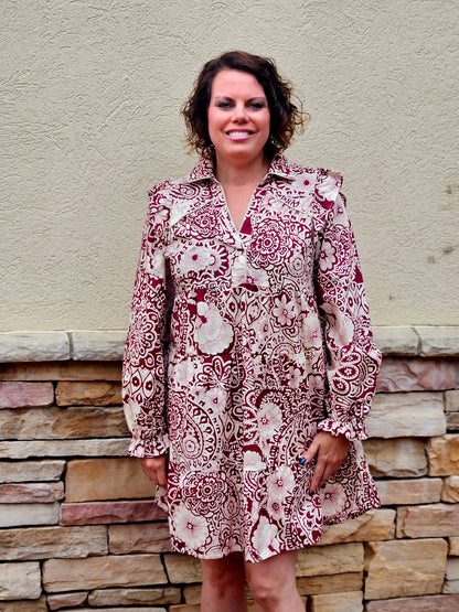 Printed Piping Detail Dress in Sangria