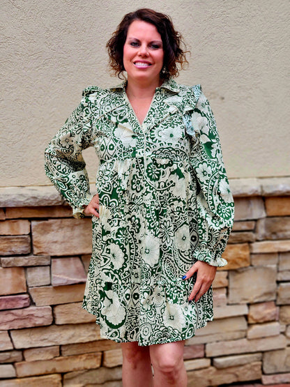 Printed Piping Detail Dress in Olive