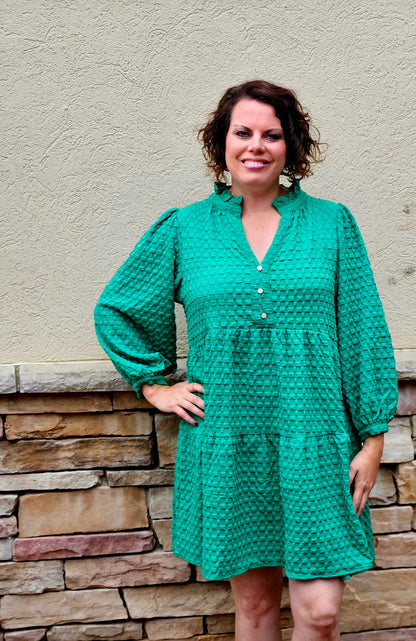 Texture Jacquard V-Notched Ruffle Trim Tiered Dress in Green