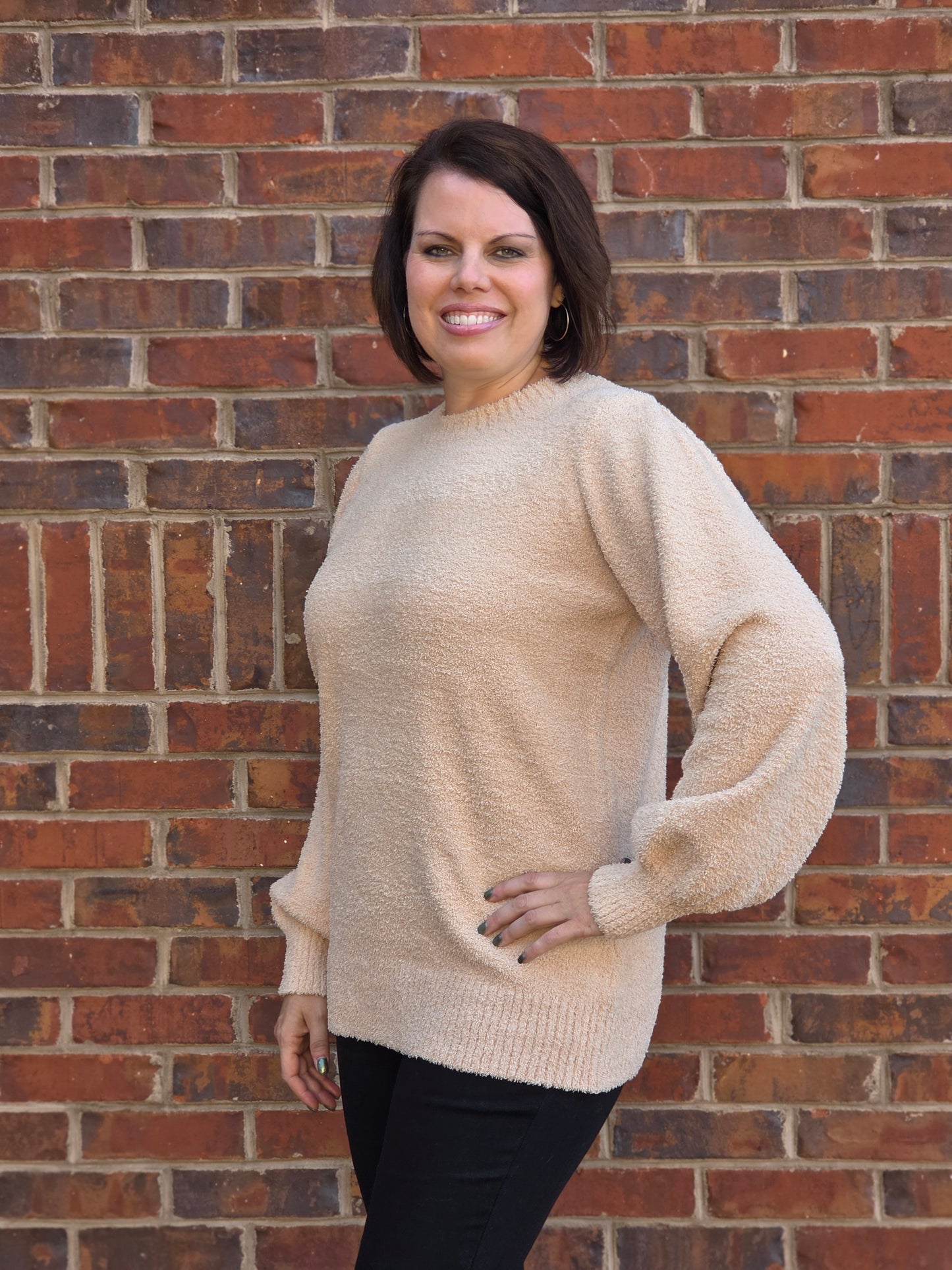 Textured Long Sleeved Knit Sweater in Latte