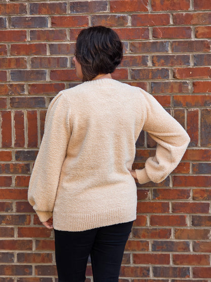 Textured Long Sleeved Knit Sweater in Latte