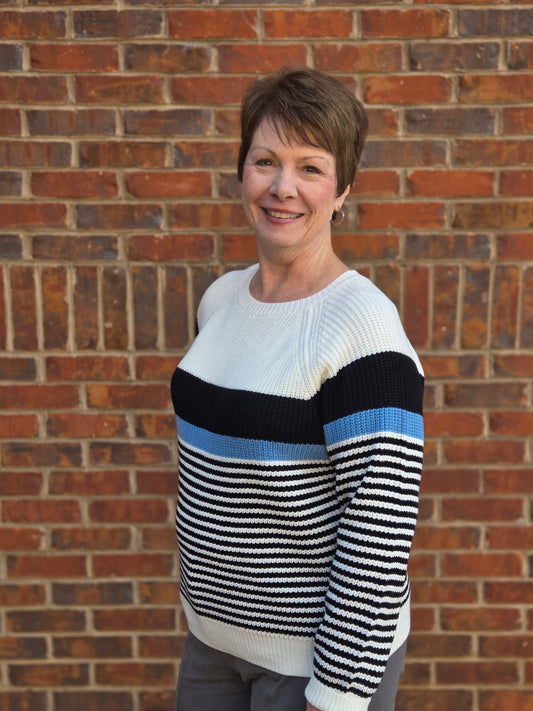 Striped Round Neck Sweater Top in Black Ice