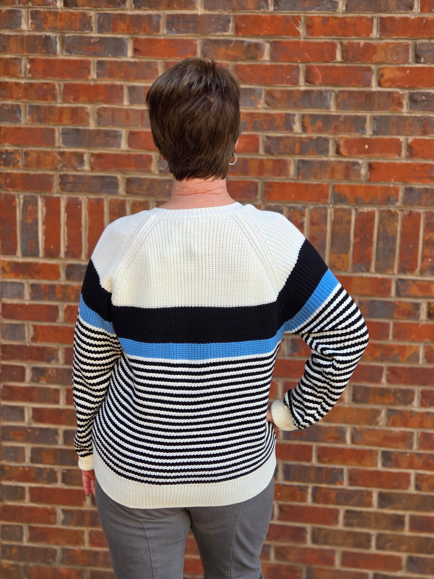 Striped Round Neck Sweater Top in Black Ice