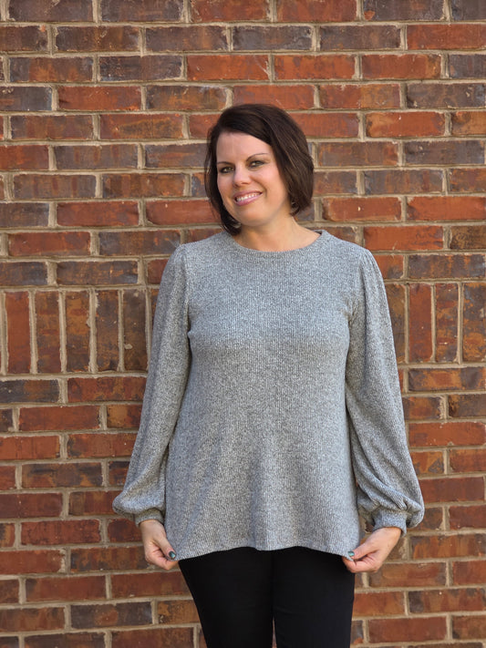 Puff Sleeved Ribbed Top in Heather Grey