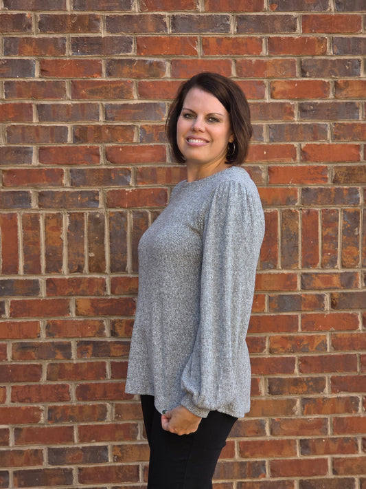 Puff Sleeved Ribbed Top in Heather Grey
