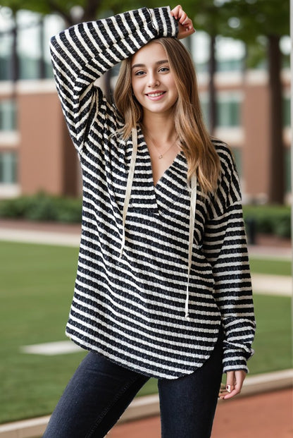 Long Sleeve Striped Hoodie in Black and Cream