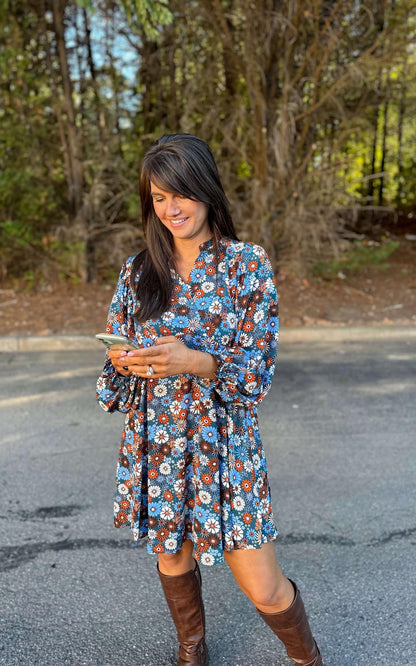 Metallic Threading Split V-Neck Boho Floral Dress in Teal and Rust