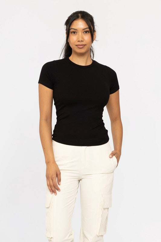 Essential Short-Sleeved Micro-Ribbed Top in Black