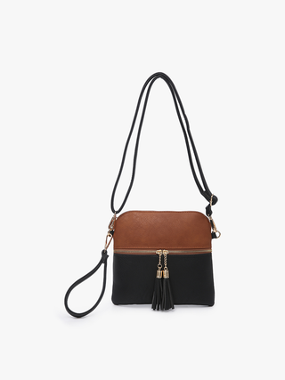 Two Tone Crossbody/Wristlet with Front Zip Pocket in Black and Brown